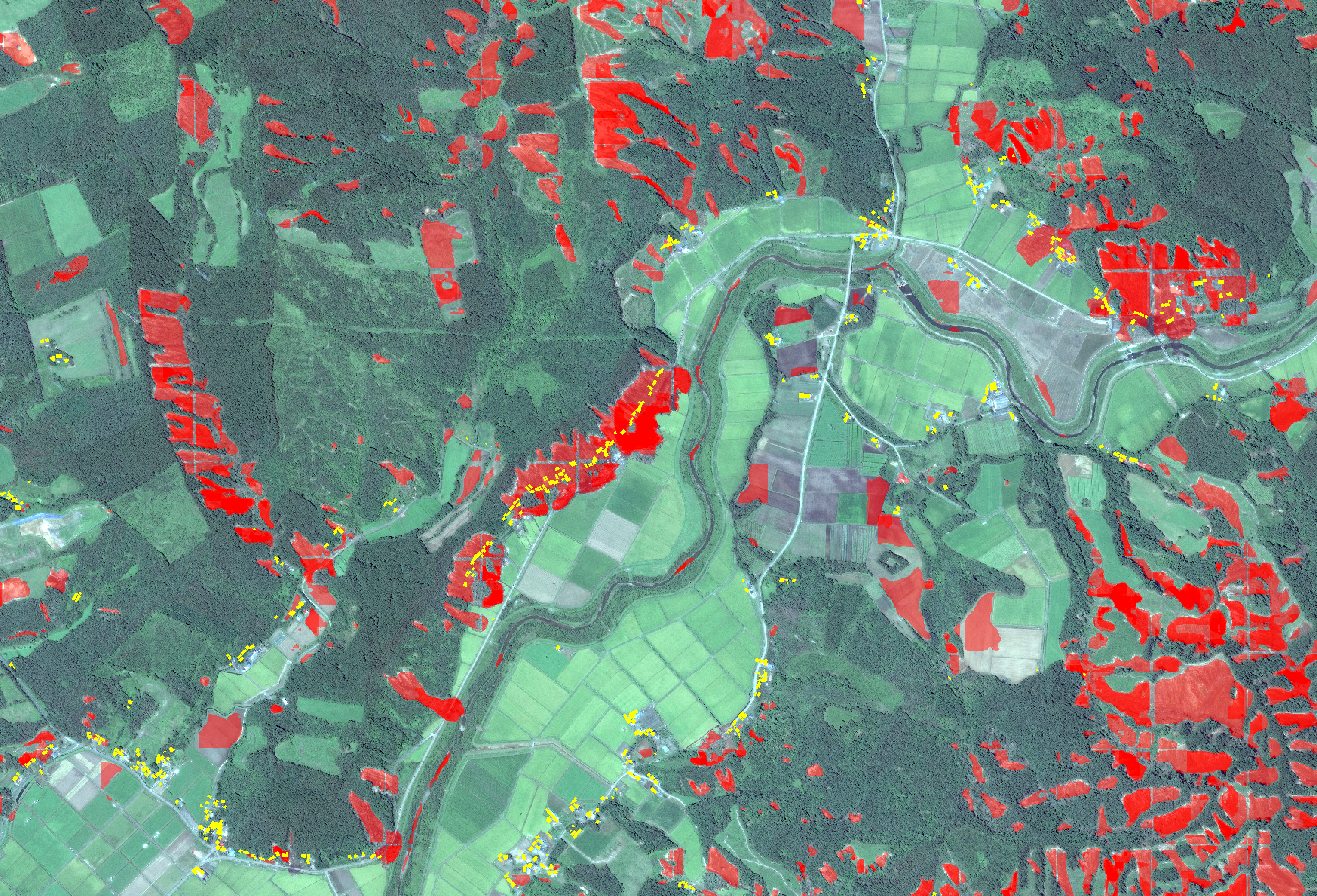 衛星画像から崩落個所を抽出し衛星画像に重ねた状態にさらに国土地理院基盤地図情報の家屋形状を重ねています